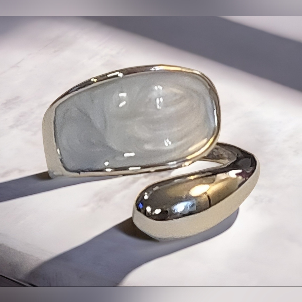 Stainless Steel Silver White Marble Stone Ring